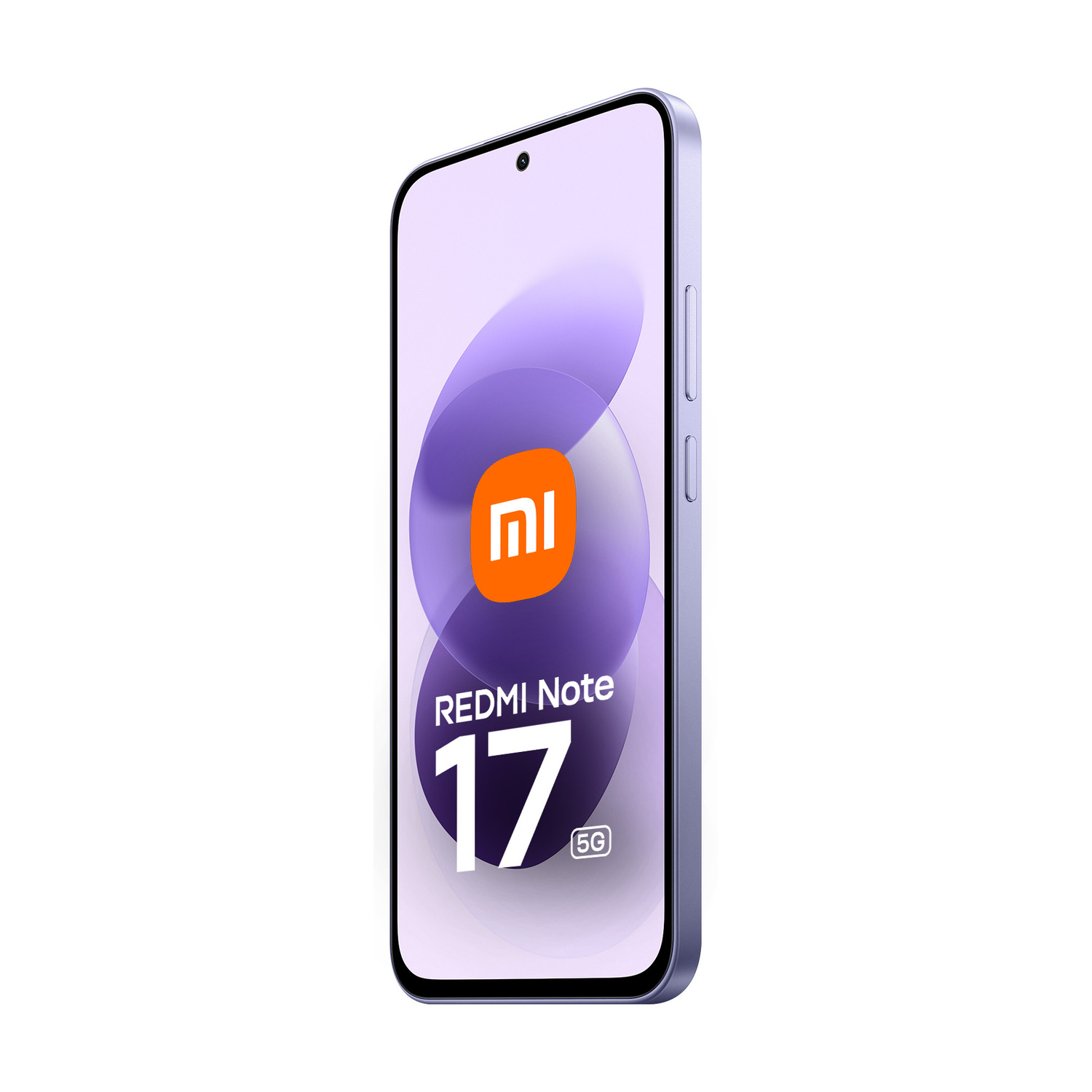 Uno smartphone Redmi Note 17 5G viola mostra uno sfondo viola con il logo Mi.