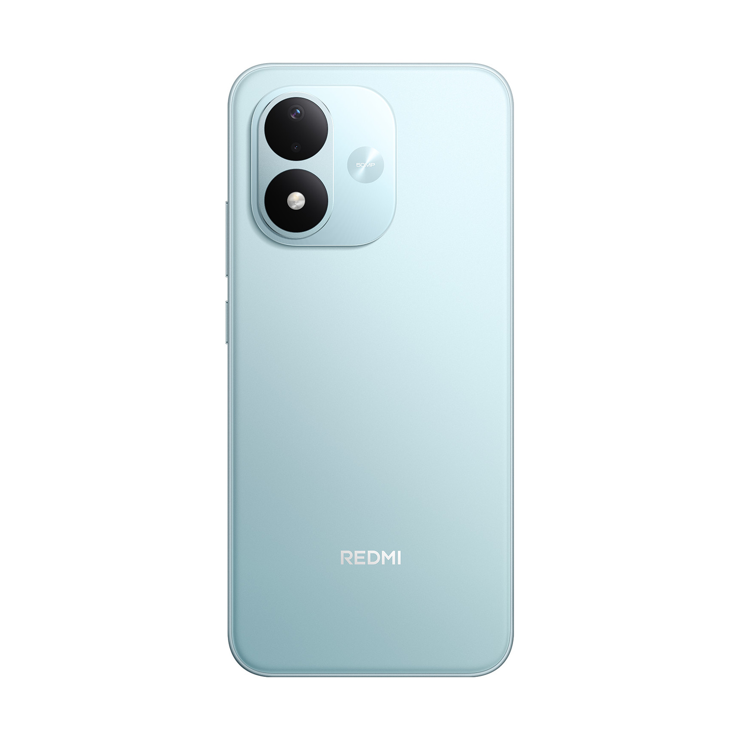 Retro di uno smartphone Redmi azzurro con due obiettivi in alto a sinistra e logo Redmi in basso.