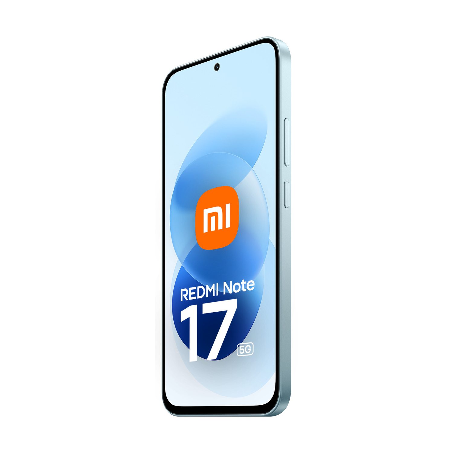 Uno smartphone Redmi Note 17 5G azzurro su sfondo bianco.