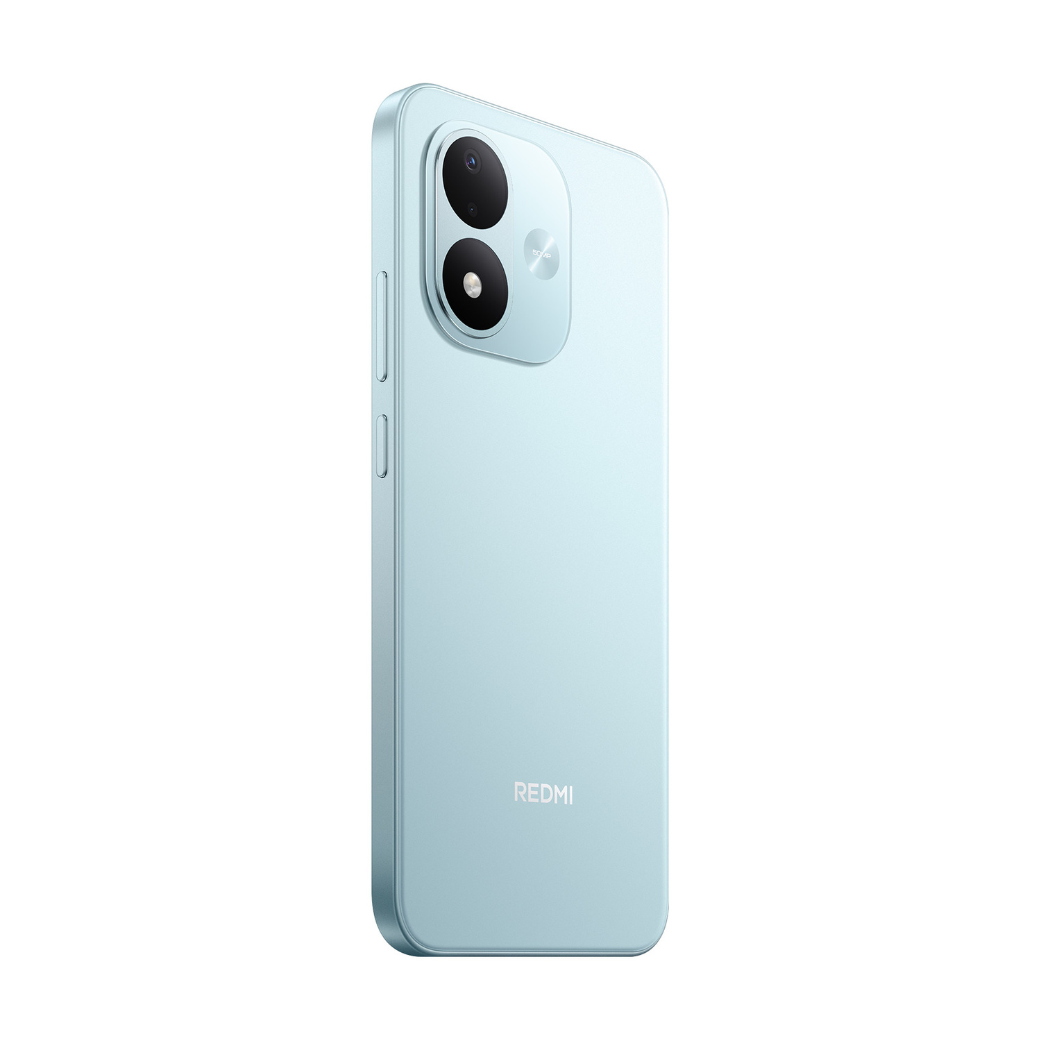 Retro di uno smartphone Redmi azzurro con due obiettivi fotografici in un modulo ovale.