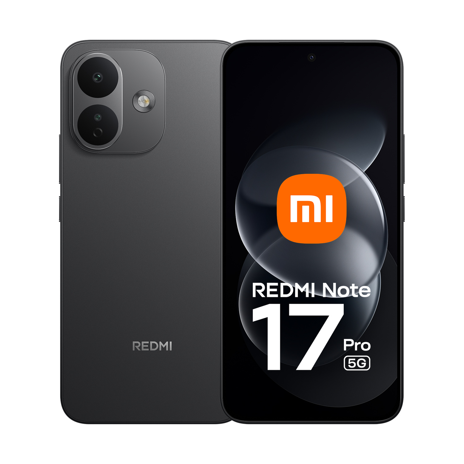 Smartphone grigio Redmi Note 17 Pro 5G mostrato fronte e retro, con modulo fotocamera e logo Xiaomi.