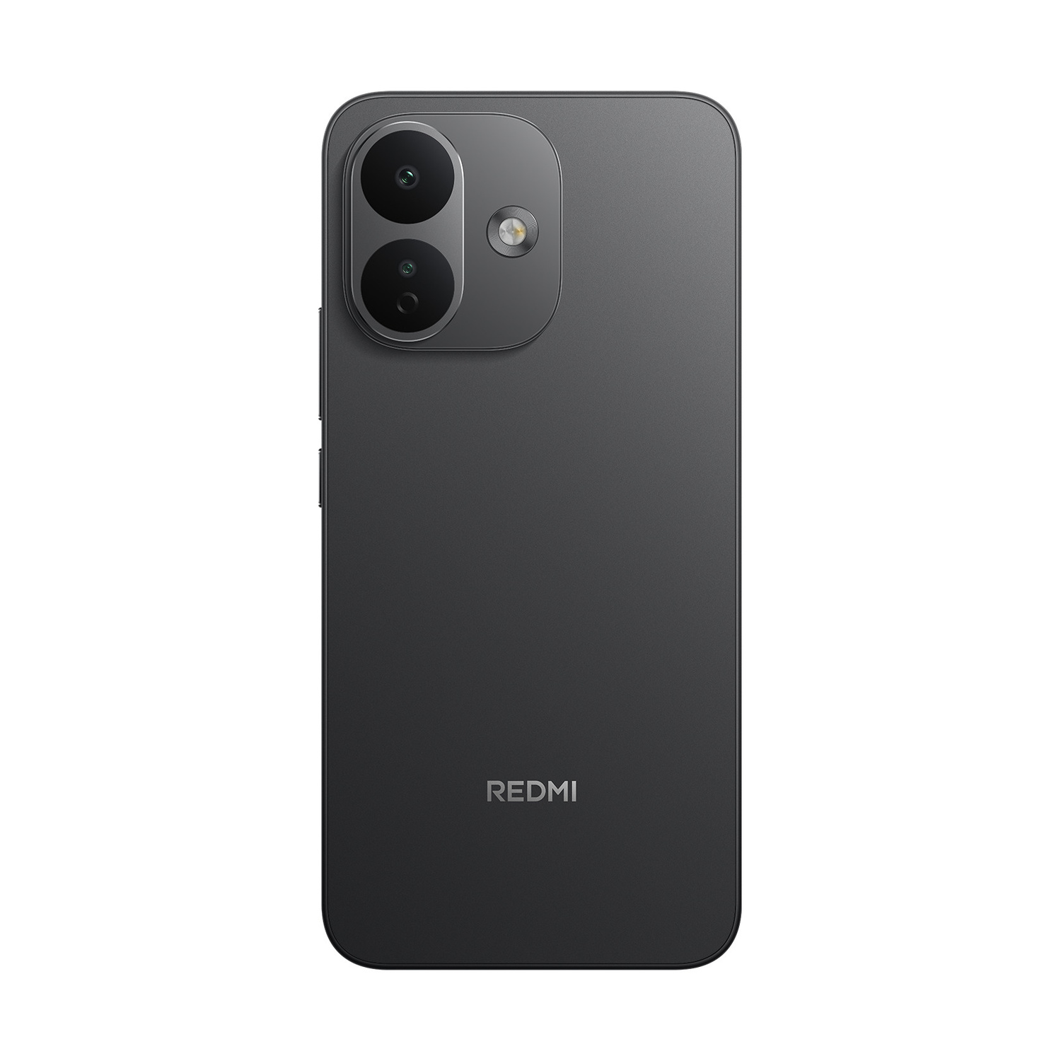 Retro di uno smartphone Redmi grigio scuro con due fotocamere verticali in alto a sinistra e il logo Redmi.