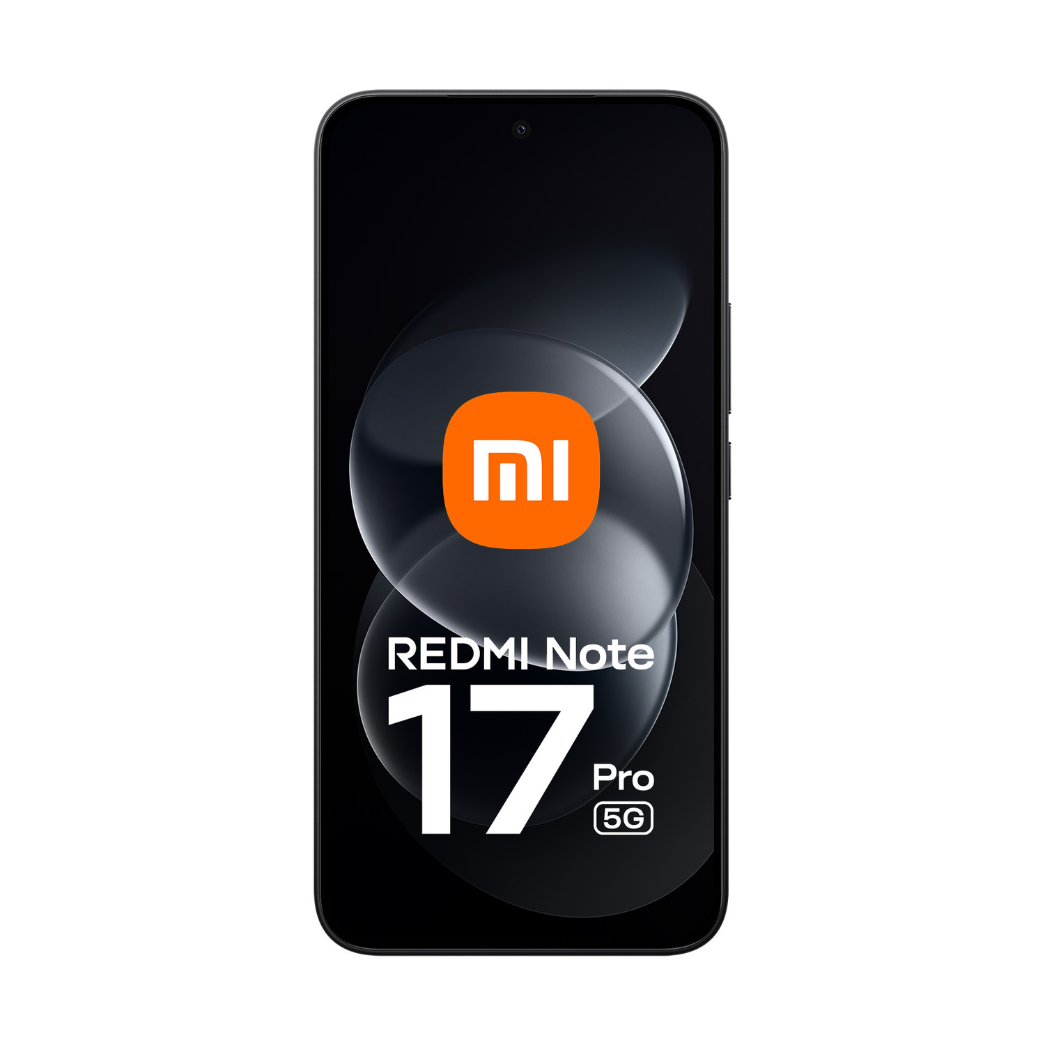 Uno smartphone nero con il logo Xiaomi e la scritta Redmi Note 17 Pro 5G sullo schermo su sfondo bianco.