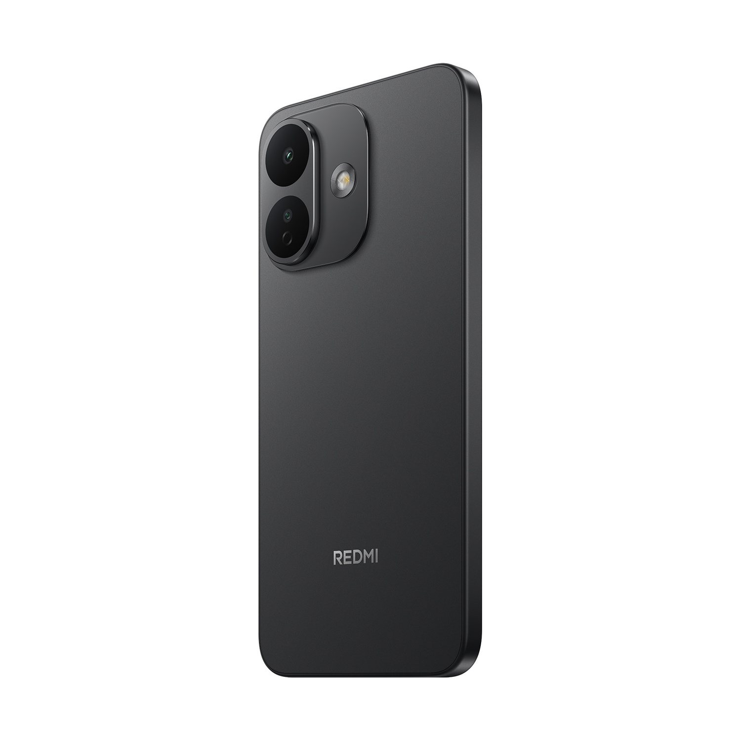 Uno smartphone Redmi nero inclinato, che mostra il modulo a doppia fotocamera e il logo Redmi sul retro.