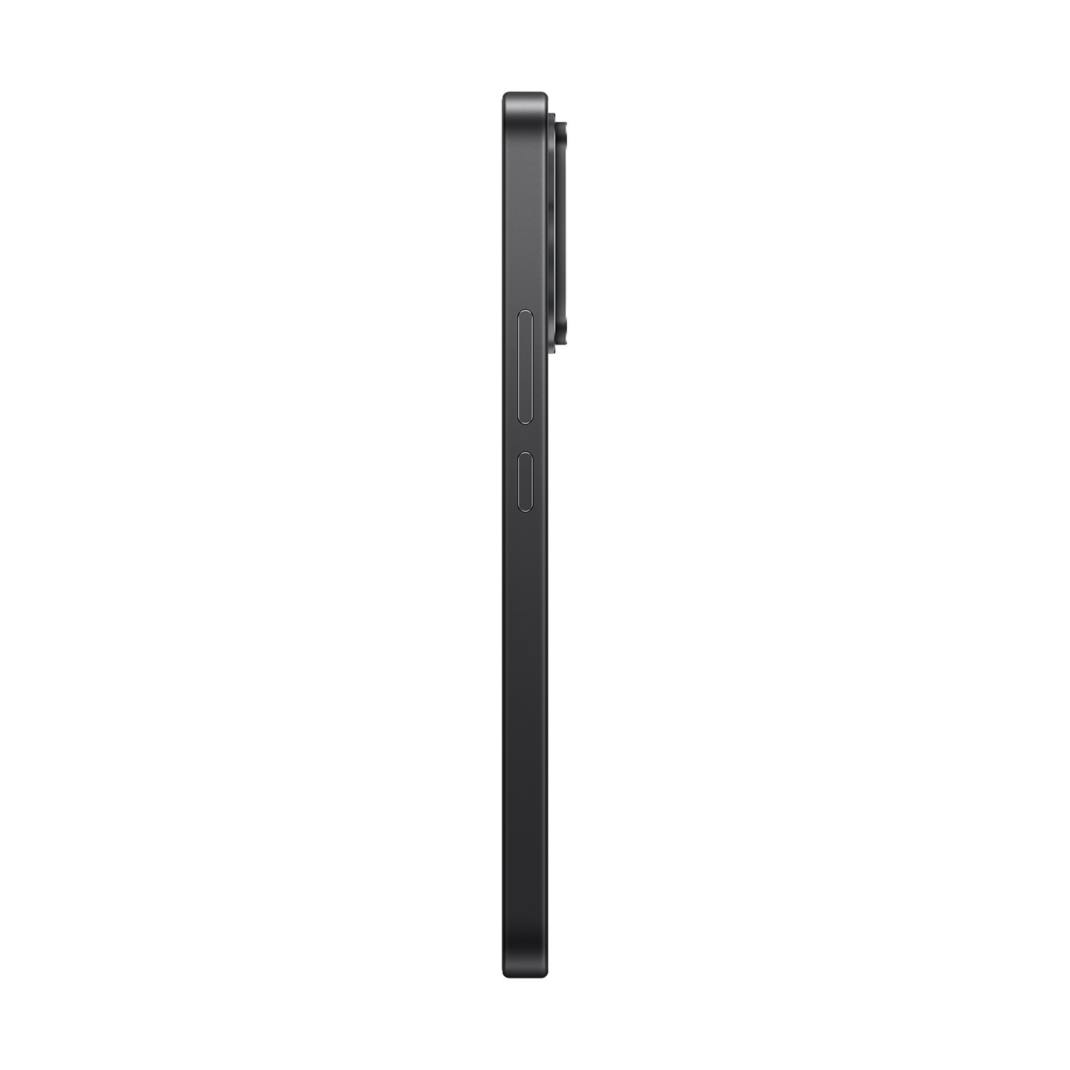 Vista laterale di uno smartphone scuro con due pulsanti fisici e un modulo fotocamera leggermente rialzato.
