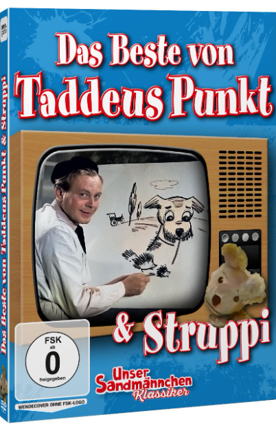 DVD-Cover von Das Beste von Taddeus Punkt & Struppi mit einem Mann, der zeichnet, und einer kleinen Puppe.