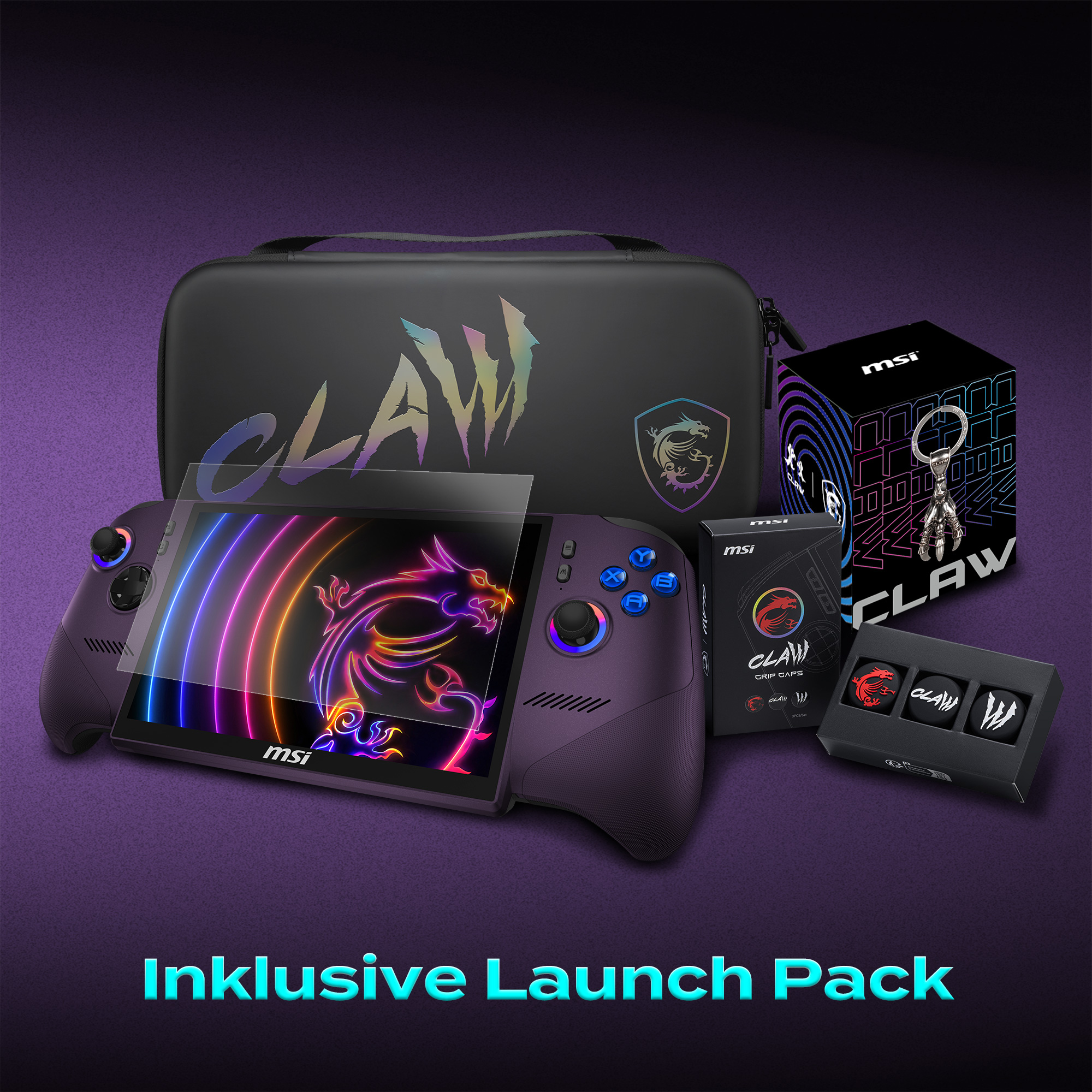Console portatile MSI Claw con custodia, scatola, portachiavi, cappucci per impugnatura e pellicola su sfondo viola.