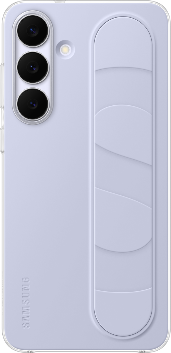 Retro di uno smartphone viola chiaro con tre fotocamere verticali e un cinturino a destra.