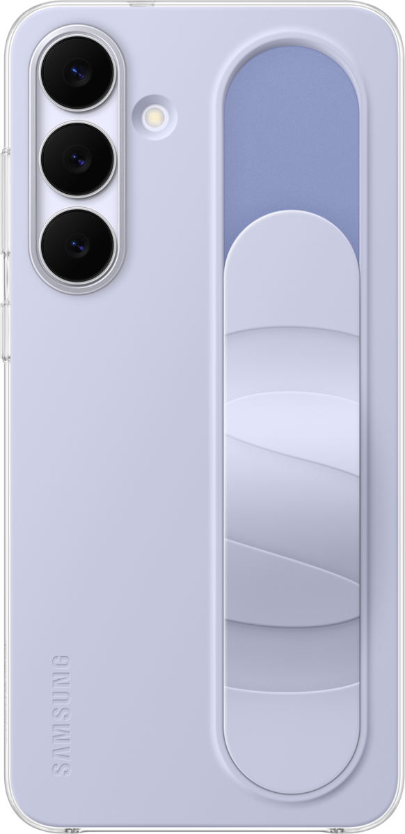 Retro di uno smartphone viola chiaro con tre fotocamere verticali e un cinturino a destra.