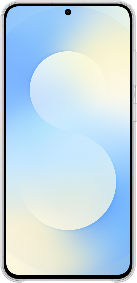 Smartphone con sfondo azzurro e due grandi cerchi luminosi sullo schermo.