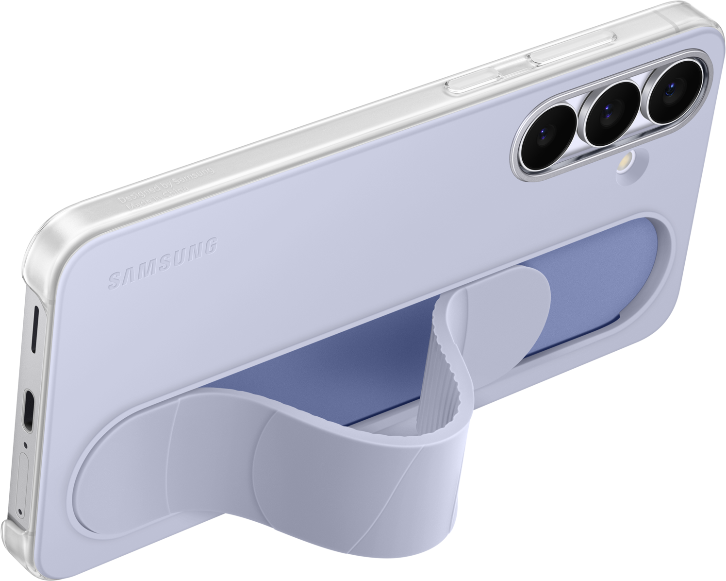 Uno smartphone Samsung viola chiaro con tre fotocamere posteriori e un supporto integrato sul retro su sfondo nero.