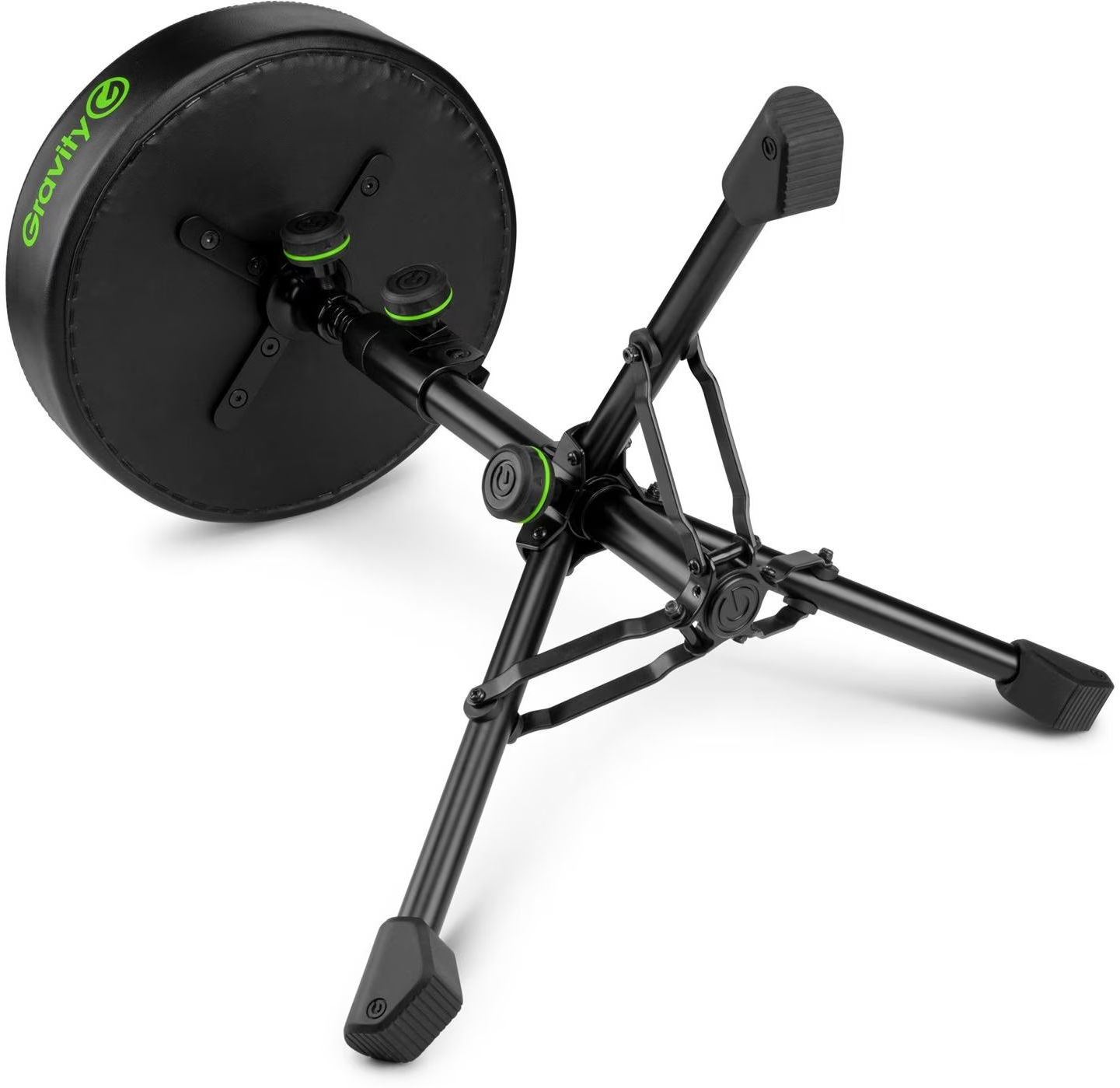 Un tabouret de batterie noir avec logo Gravity vert et pied métallique à trois branches sur fond blanc.