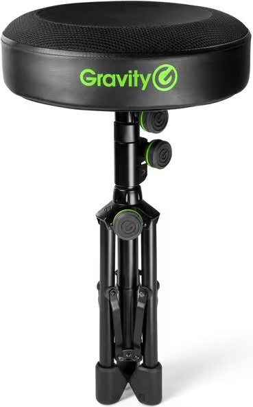 Un tabouret de musique Gravity noir avec une assise ronde et des pieds métalliques réglables.