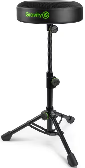 Tabouret de batterie Gravity noir avec assise ronde et pied tripode réglable.