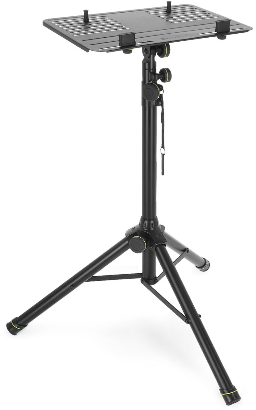 Un support de ordinateur portable noir réglable sur trépied sur fond blanc.