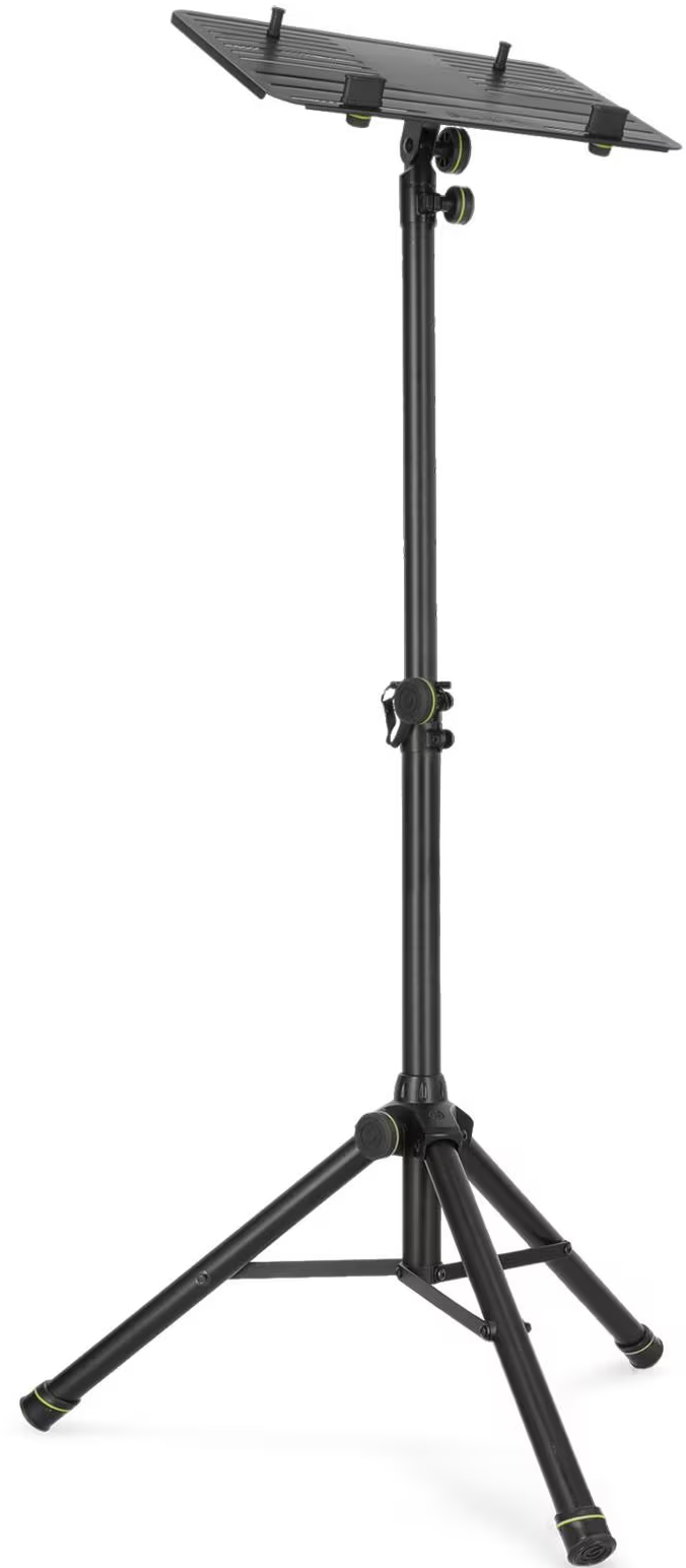 Un support noir pour ordinateur portable avec trépied sur fond blanc.