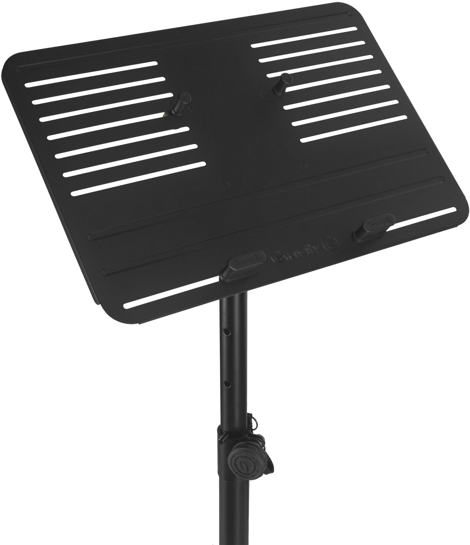 Un support de bureau ou de musique noir et réglable avec fentes de ventilation sur fond blanc.