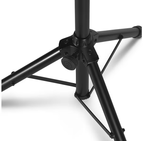 Gros plan sur l'articulation d'un trépied noir avec des pieds pliables.