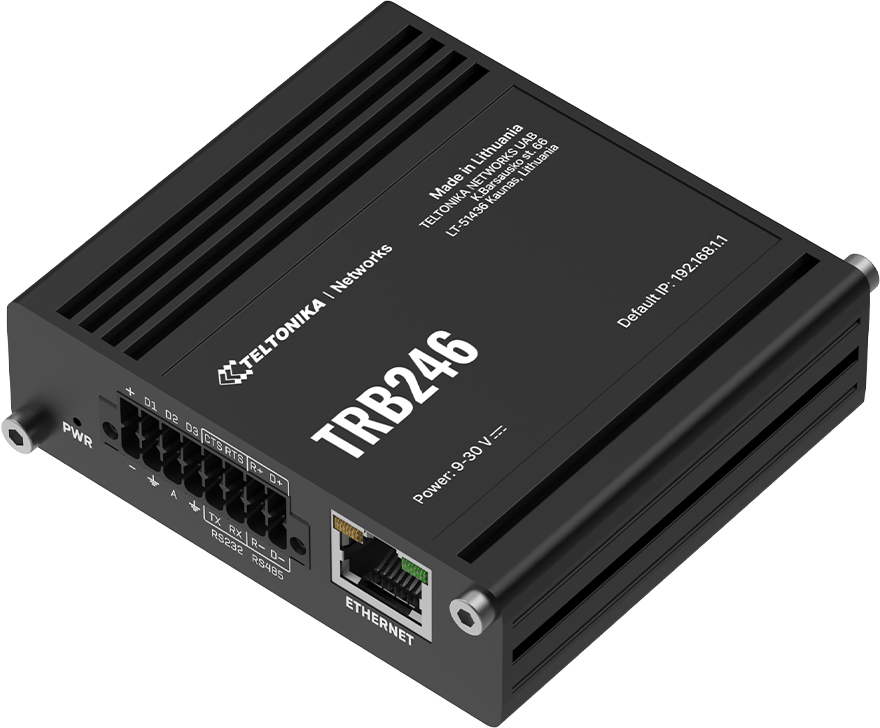 Un dispositivo gateway Teltonika TRB246 nero con porte Ethernet e di alimentazione.