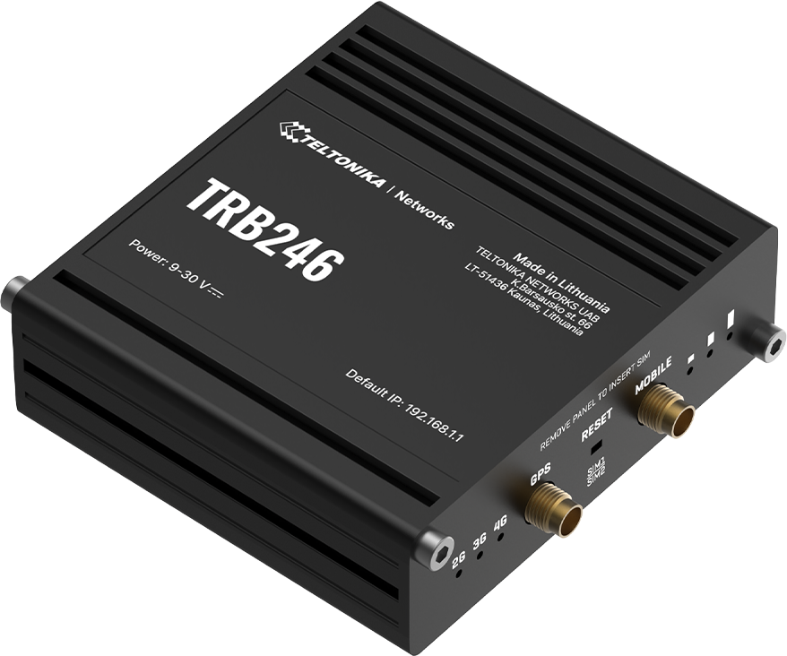 Un gateway industriale Teltonika TRB246 nero con porte, spie di stato e testo bianco.