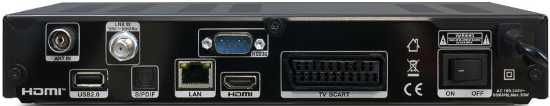 Vue arrière d'un récepteur noir avec divers ports comme HDMI, USB, LAN, SCART et antenne.