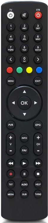 Télécommande de TV noire avec de nombreux boutons numérotés et colorés.