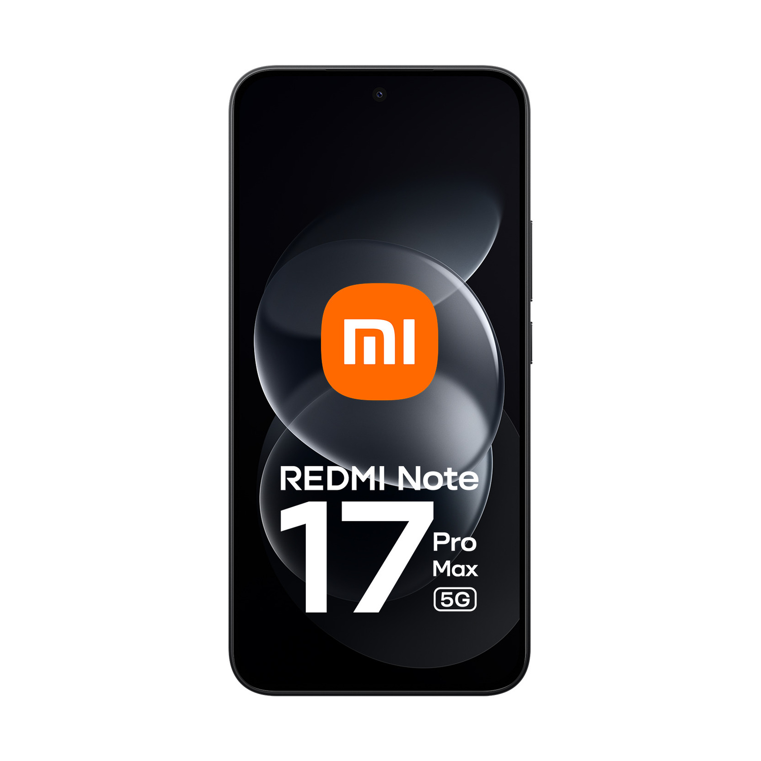 Smartphone nero Xiaomi Redmi Note 17 Pro Max 5G con logo arancione sul display su sfondo bianco.