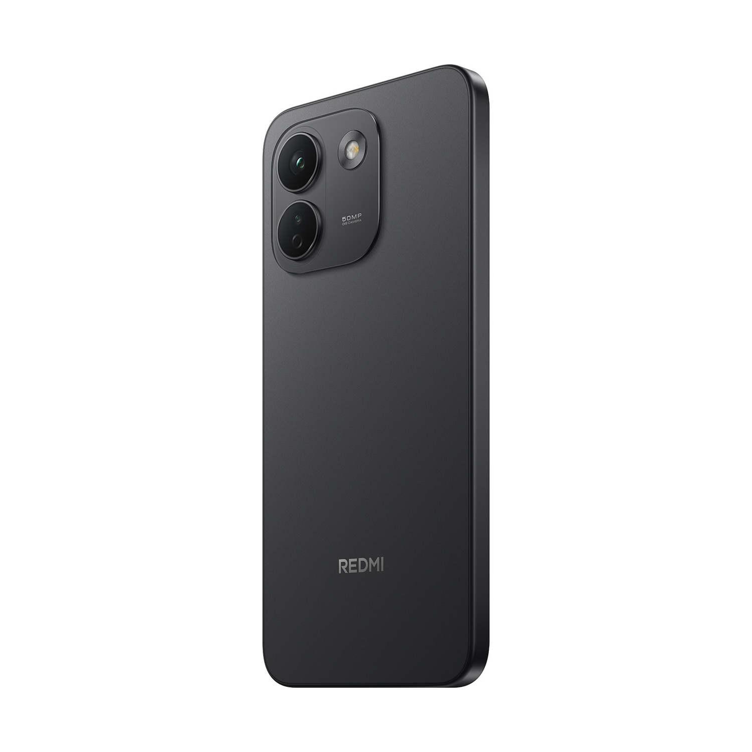 Retro di uno smartphone Redmi nero che mostra un modulo fotocamera rettangolare con due obiettivi.