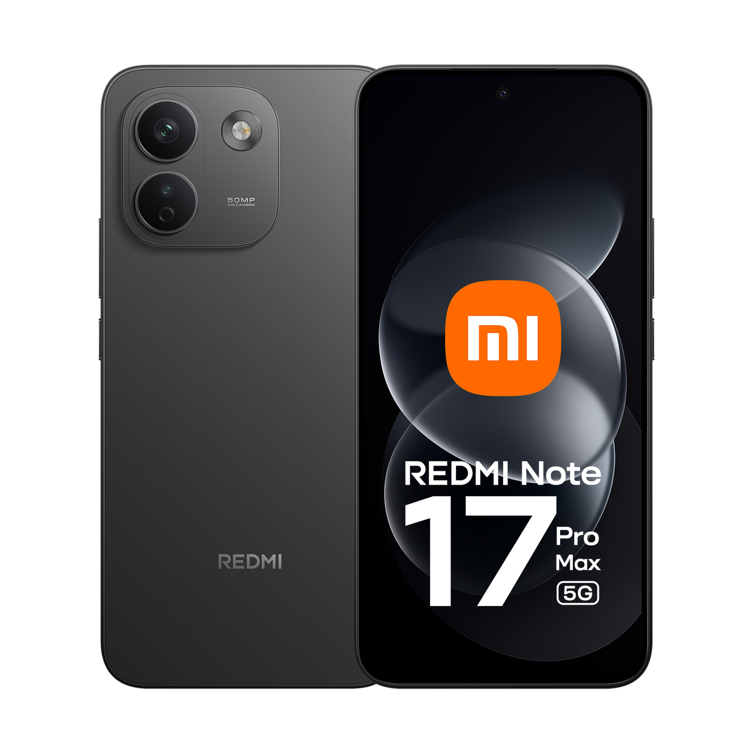 Vista anteriore e posteriore dello smartphone grigio Redmi Note 17 Pro Max 5G con logo Xiaomi sullo schermo.