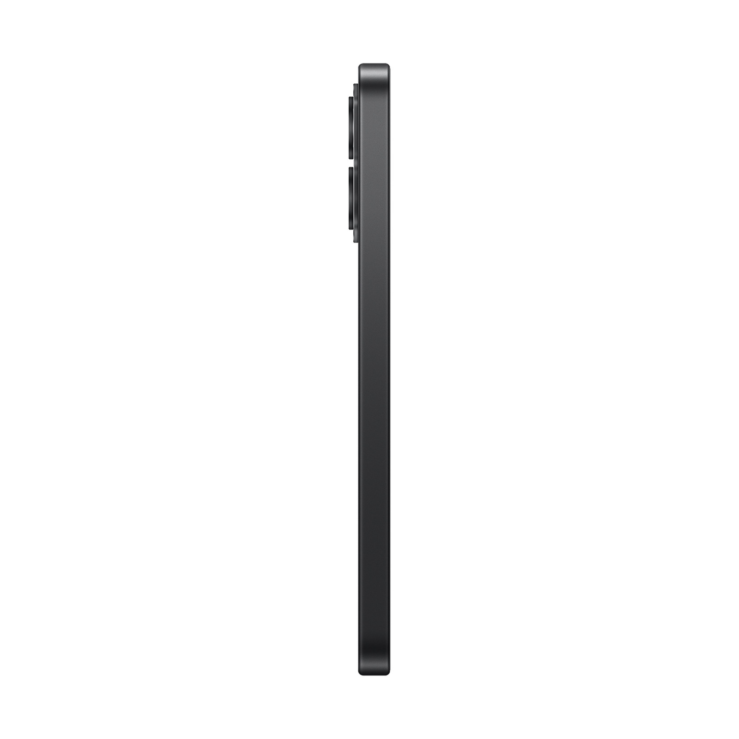 Vista laterale di uno smartphone nero con obiettivi della fotocamera su sfondo bianco.