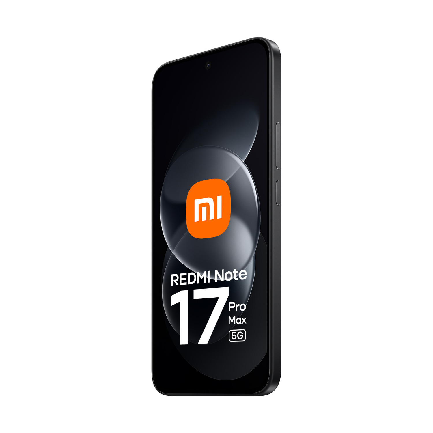 Smartphone nero Redmi Note 17 Pro Max 5G con logo arancione e testo bianco sullo schermo.