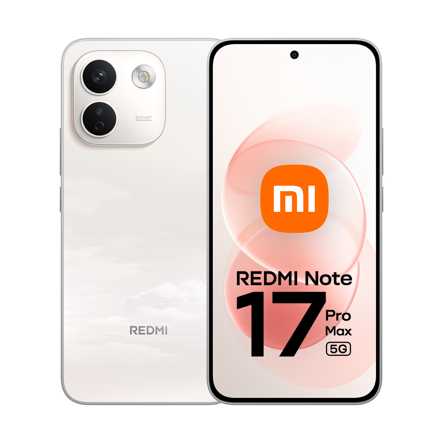 Vista anteriore e posteriore di uno smartphone bianco Redmi Note 17 Pro Max 5G.