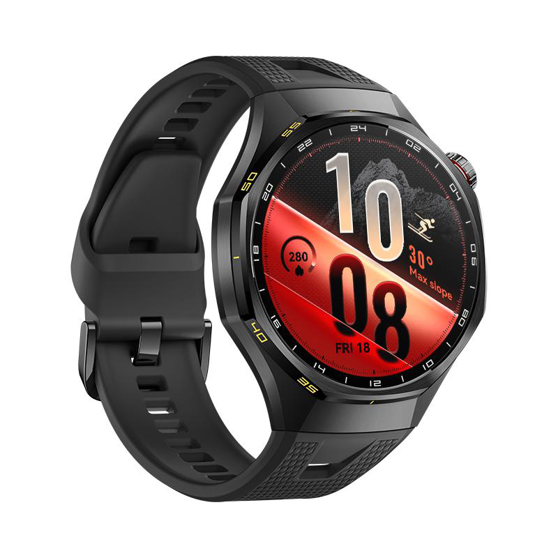 Eine schwarze Smartwatch mit rotem Zifferblatt, digitaler Zeitanzeige und einem schwarzen Silikonarmband.