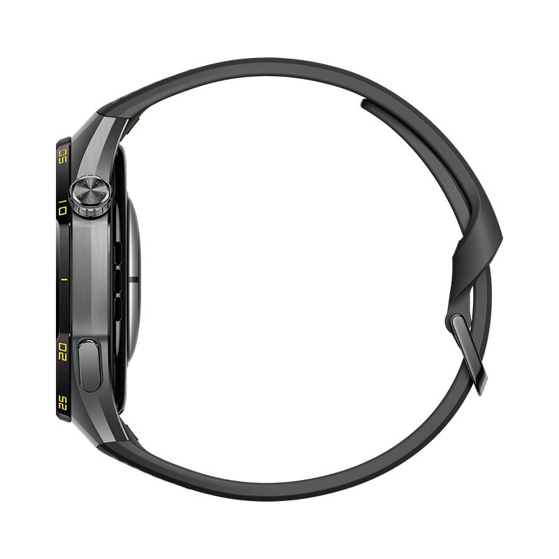 Seitenansicht einer schwarzen Smartwatch mit Metallgehäuse und Kunststoffarmband auf weißem Hintergrund.