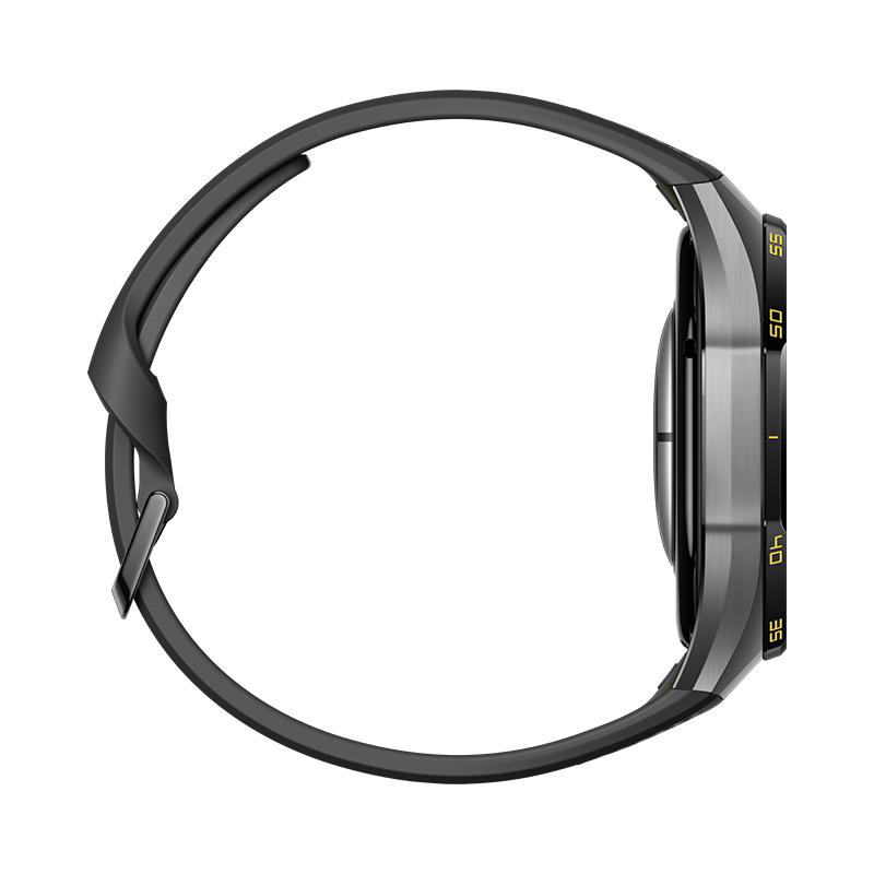 Seitenansicht einer schwarzen Smartwatch mit numerischen Markierungen auf der Lünette und einem Gummischnallenarmband.