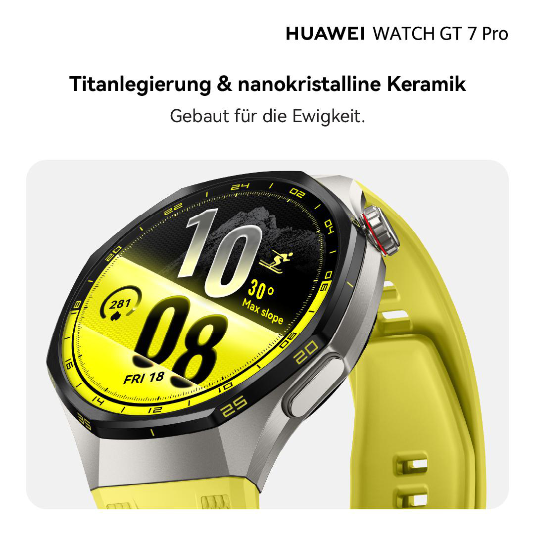 Huawei Watch GT 7 Pro mit gelbem Armband, schwarzem Zifferblatt und Text oben.