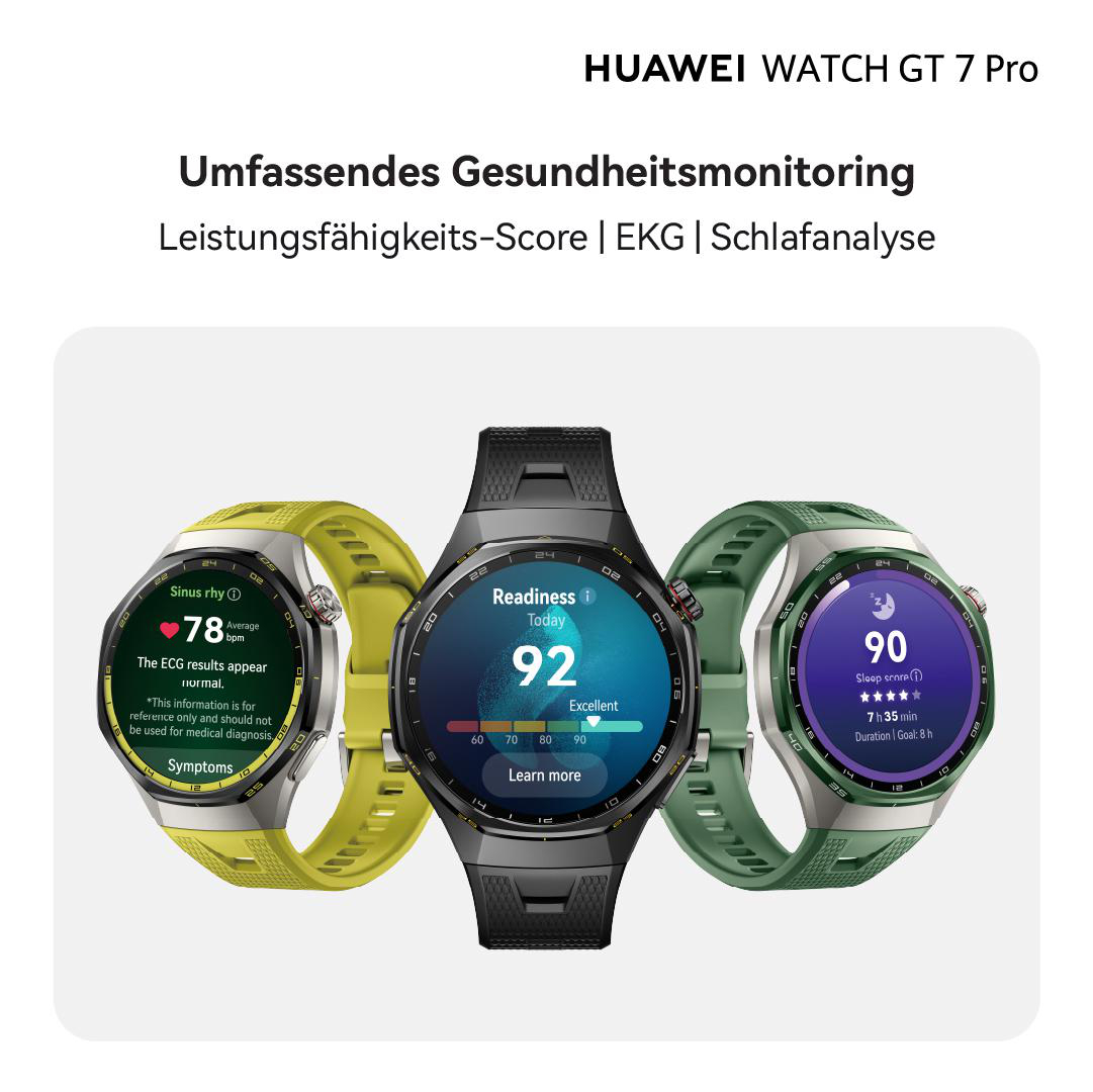 Drei Huawei Watch GT 7 Pro Smartwatches zeigen Gesundheitsdaten wie EKG und Schlaf an.