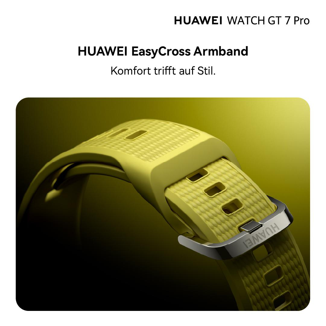 Gelbes Huawei EasyCross Armband mit Textur und silberner Schließe vor gradientem Hintergrund.