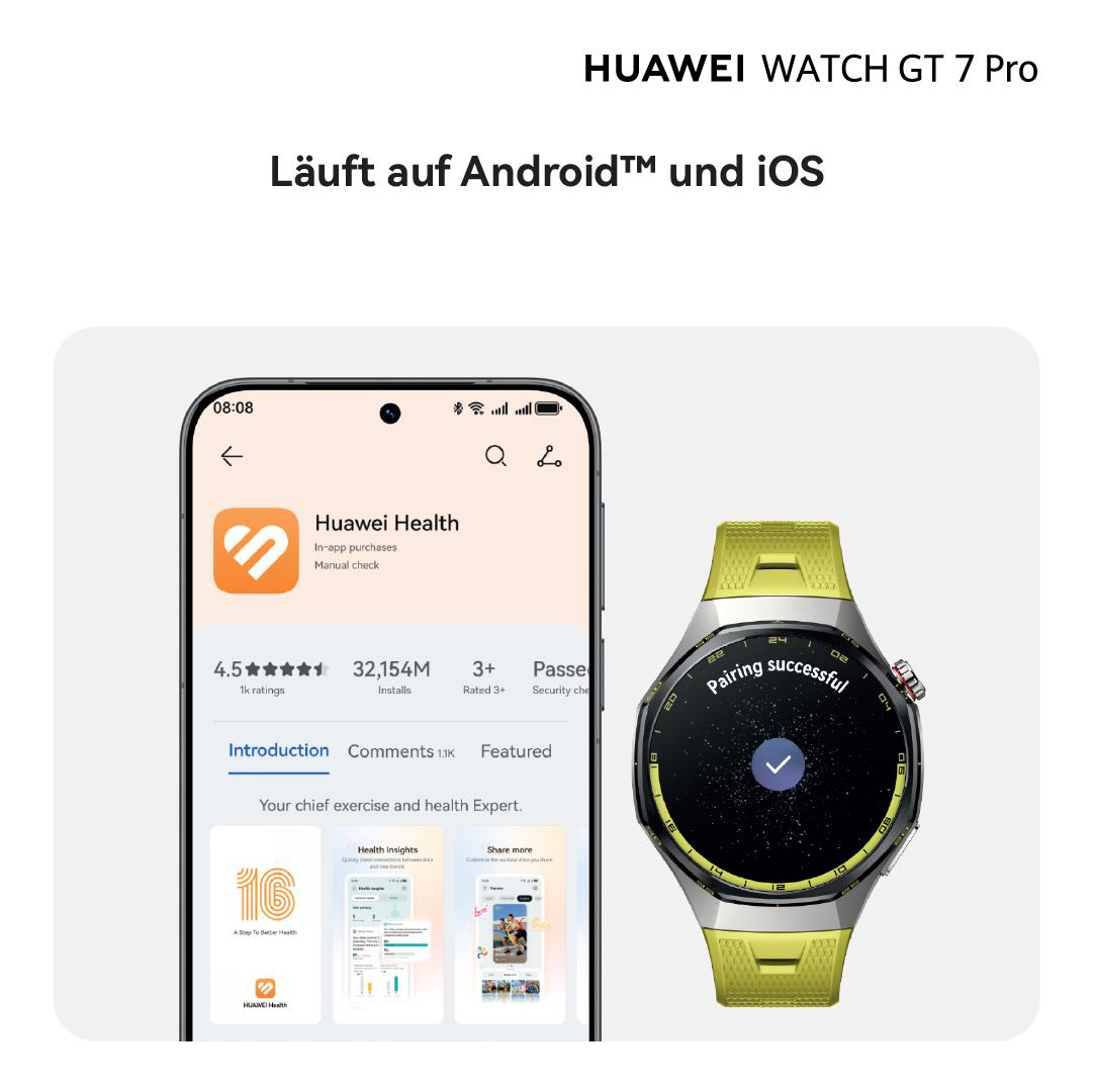 Smartphone mit Huawei Health App und Smartwatch mit erfolgreicher Kopplung.