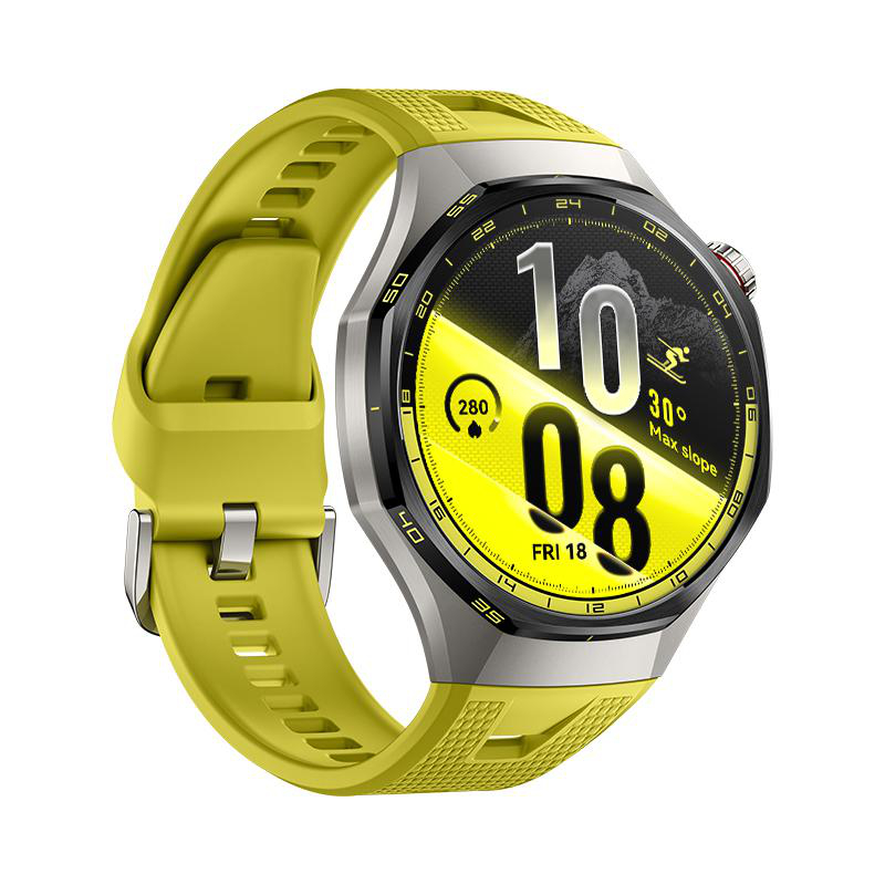 Eine smarte Sportuhr mit gelbem Silikonarmband und einem Zifferblatt, das Uhrzeit und Fitnessdaten anzeigt.