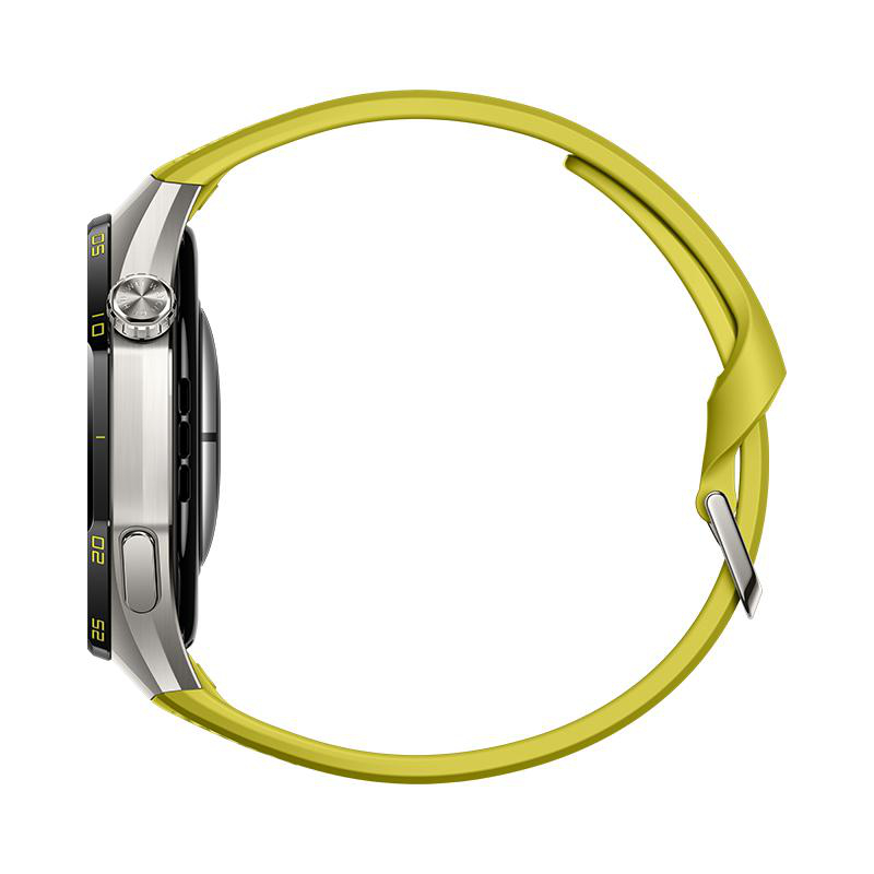 Eine Smartwatch mit silbernem Gehäuse, schwarzem Zifferblatt und einem gelben Silikonarmband auf weißem Hintergrund.