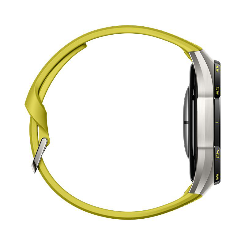 Eine Smartwatch mit silbernem Gehäuse und gelbem Armband wird von der Seite vor weißem Hintergrund gezeigt.