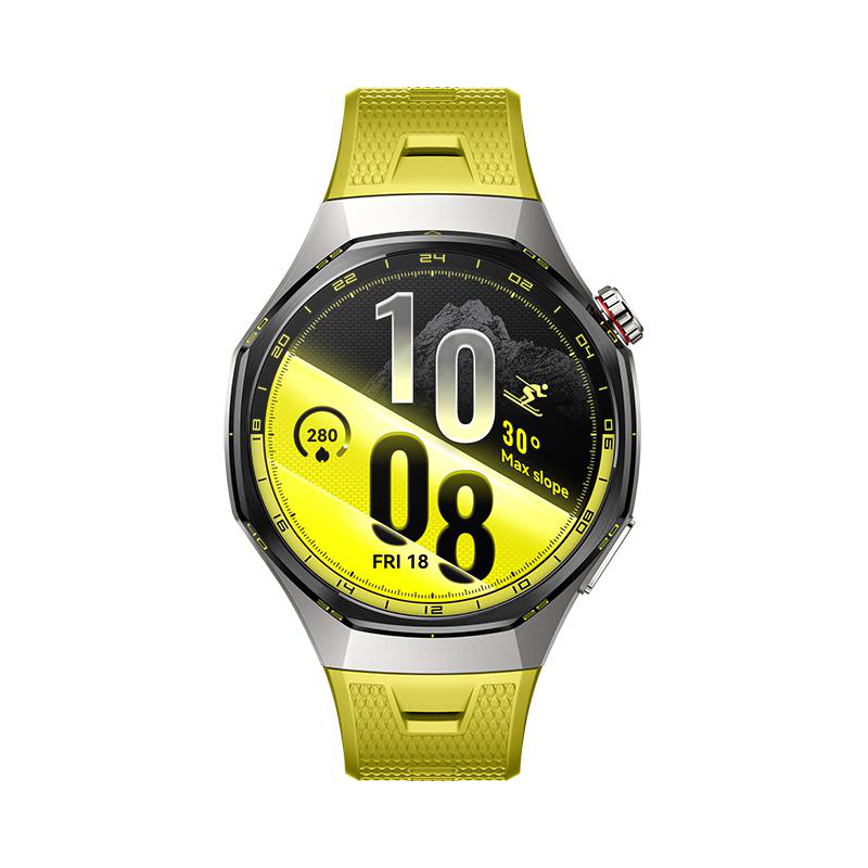 Moderne Smartwatch mit gelbem Zifferblatt und gelbem Armband.