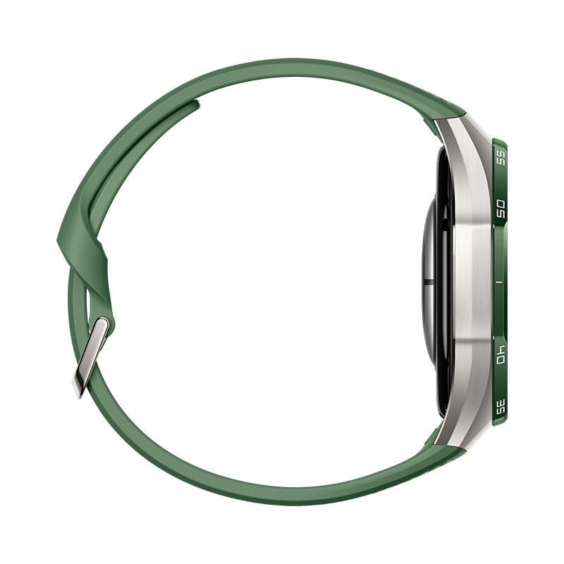 Seitenansicht einer Smartwatch mit grünem Armband und silbernem Gehäuse auf weißem Hintergrund.