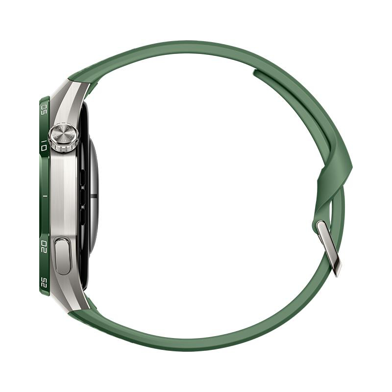 Eine grüne Smartwatch mit silbernem Gehäuse und grünem Silikonarmband, seitlich betrachtet auf weißem Hintergrund.