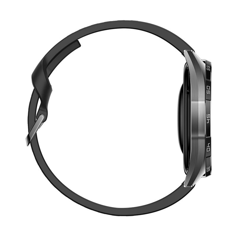 Seitenansicht einer schwarzen Smartwatch mit schwarzem Armband und numerischen Markierungen auf der Lünette.