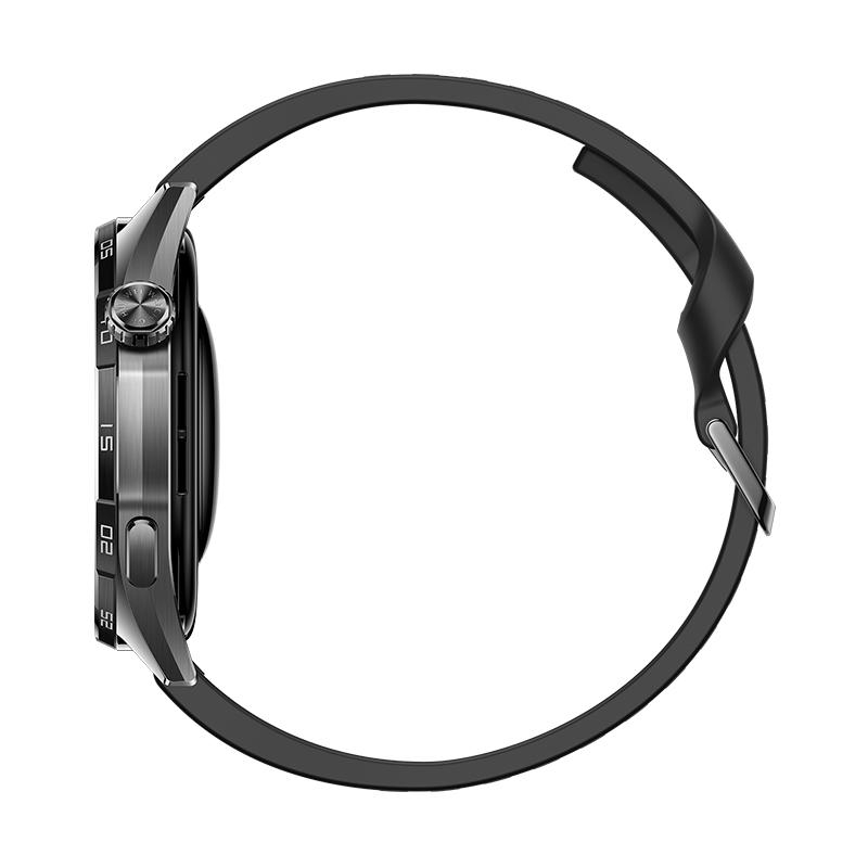 Schwarze Smartwatch in Seitenansicht mit Krone, Tasten und schwarzem Silikonarmband vor weißem Hintergrund.
