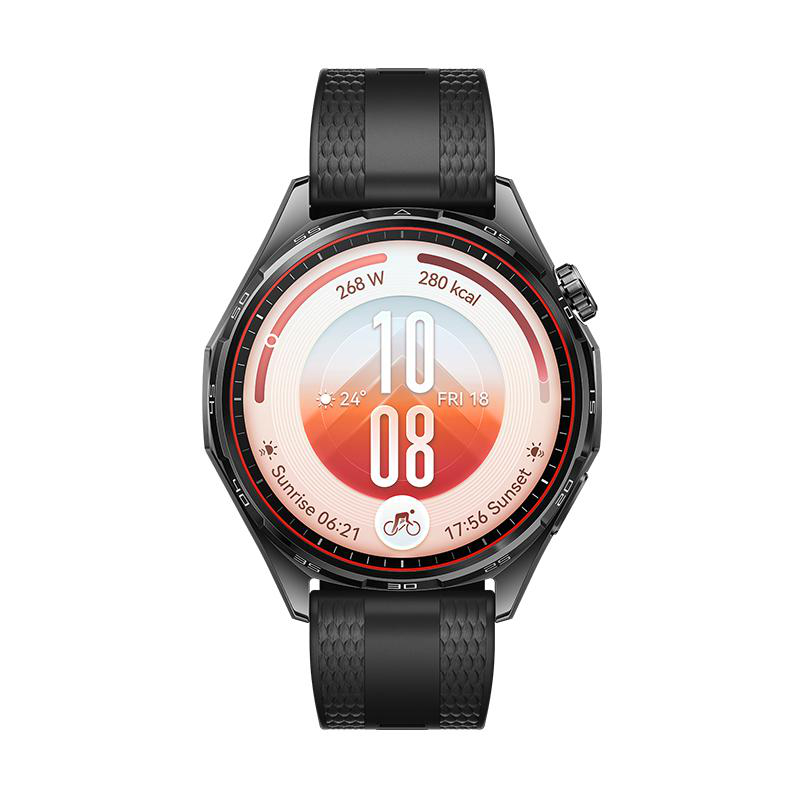 Schwarze Smartwatch mit strukturiertem Band und digitalem Zifferblatt, das Uhrzeit, Wetter und Fitnessdaten anzeigt.