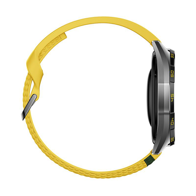 Seitenansicht einer Smartwatch mit einem leuchtend gelben Armband und einem dunklen Metallgehäuse.