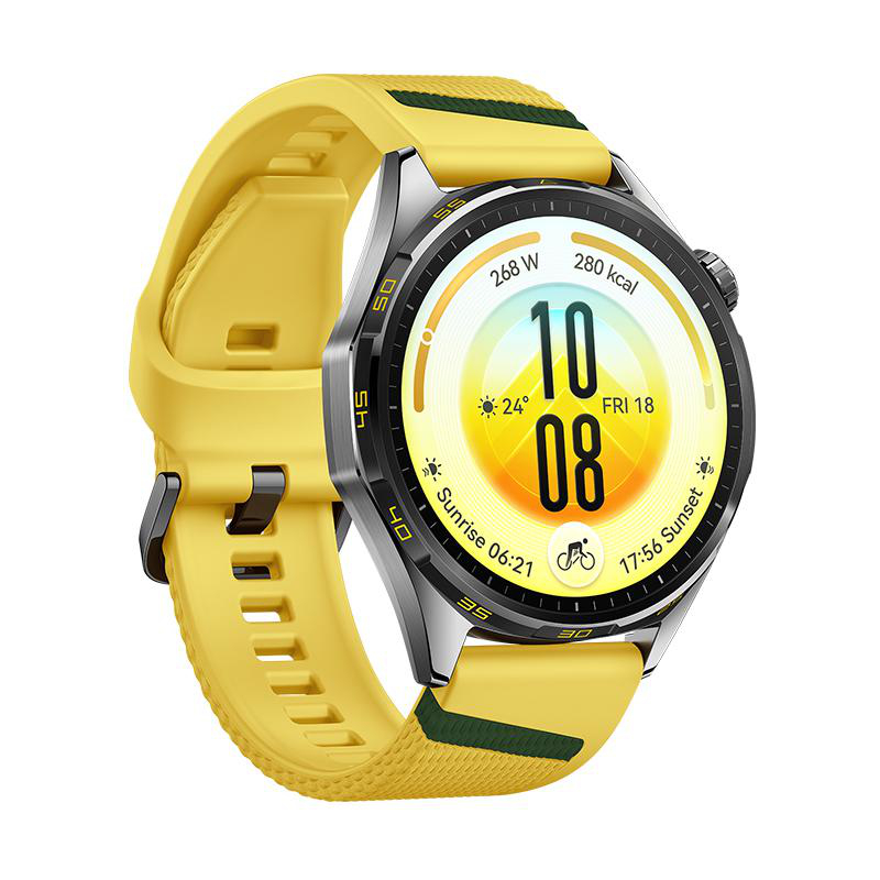 Eine gelbe Smartwatch mit schwarzem Gehäuse und digitalem Zifferblatt auf weißem Hintergrund.